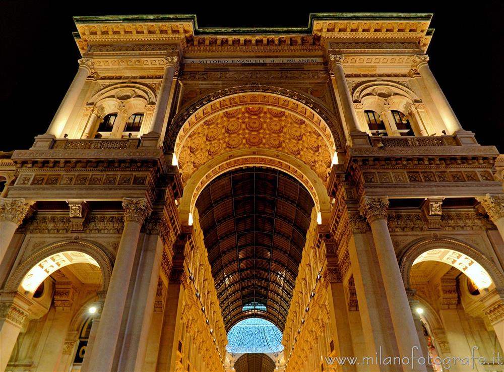 Milan (Italy) - Entrance arch of the Vittorio Emanuele Gallery with Christmas lights